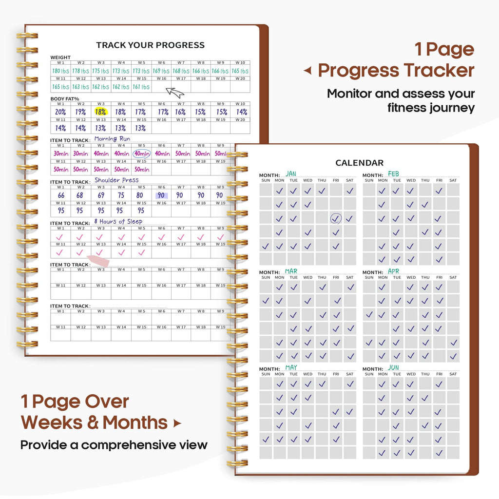 Fitness Workout Journal for Women & Men, A5(5.5" x 8.3") Workout Log Book Planner for Tracking, Progress, and Achieving Your Wellness Goals-Rust Brown