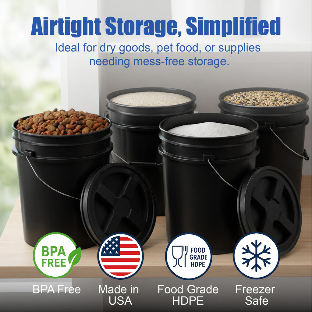 ePackageSupply 5 Gallon Bucket - Food Grade Bucket, Metal Handle Grip, BPA-Free, Heavy-Duty 90 Mil HDPE Plastic Pail, Stackable Utility Container, Made in USA, Lid Not Included, Black, 3 Packs