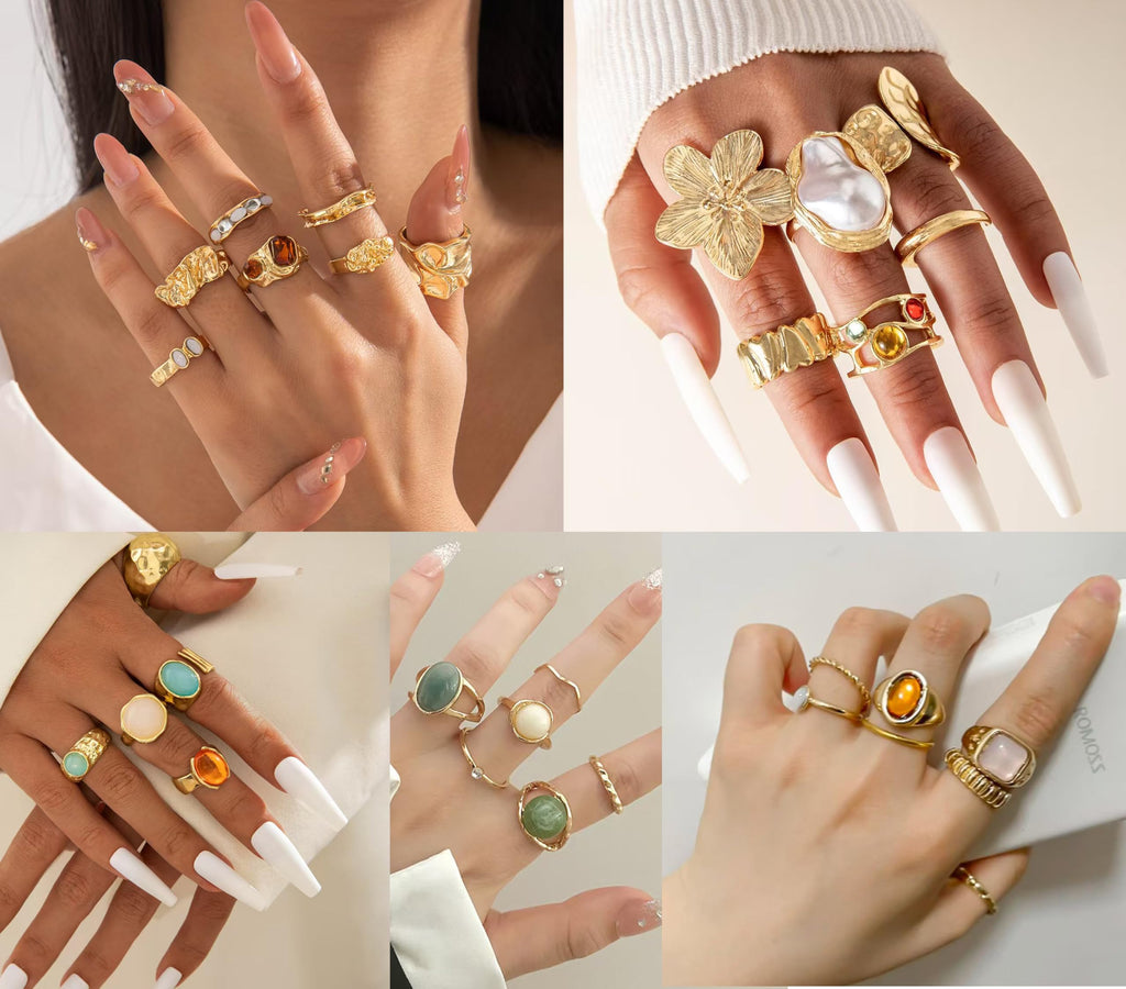 Mixcbe 30 Pcs Gold Crystal Stacks Ring Sets for Women Chunky Gemstone Knuckle Rings Boho Flower Statement Joint Finger Rings Pack for Jewelry Gift