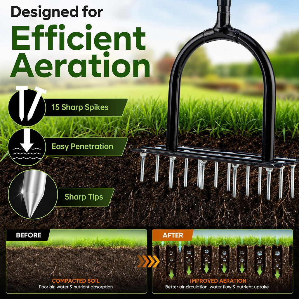 Furfrolic Lawn Aerator - 2-in-1 Manual Aerator with Automatic Dirt and Leaf Clean, Heavy-Duty Reinforced 15 Spikes & Ergonomic T-Handle for Lawn Maintenance, Garden Care, Yard Work (Black)