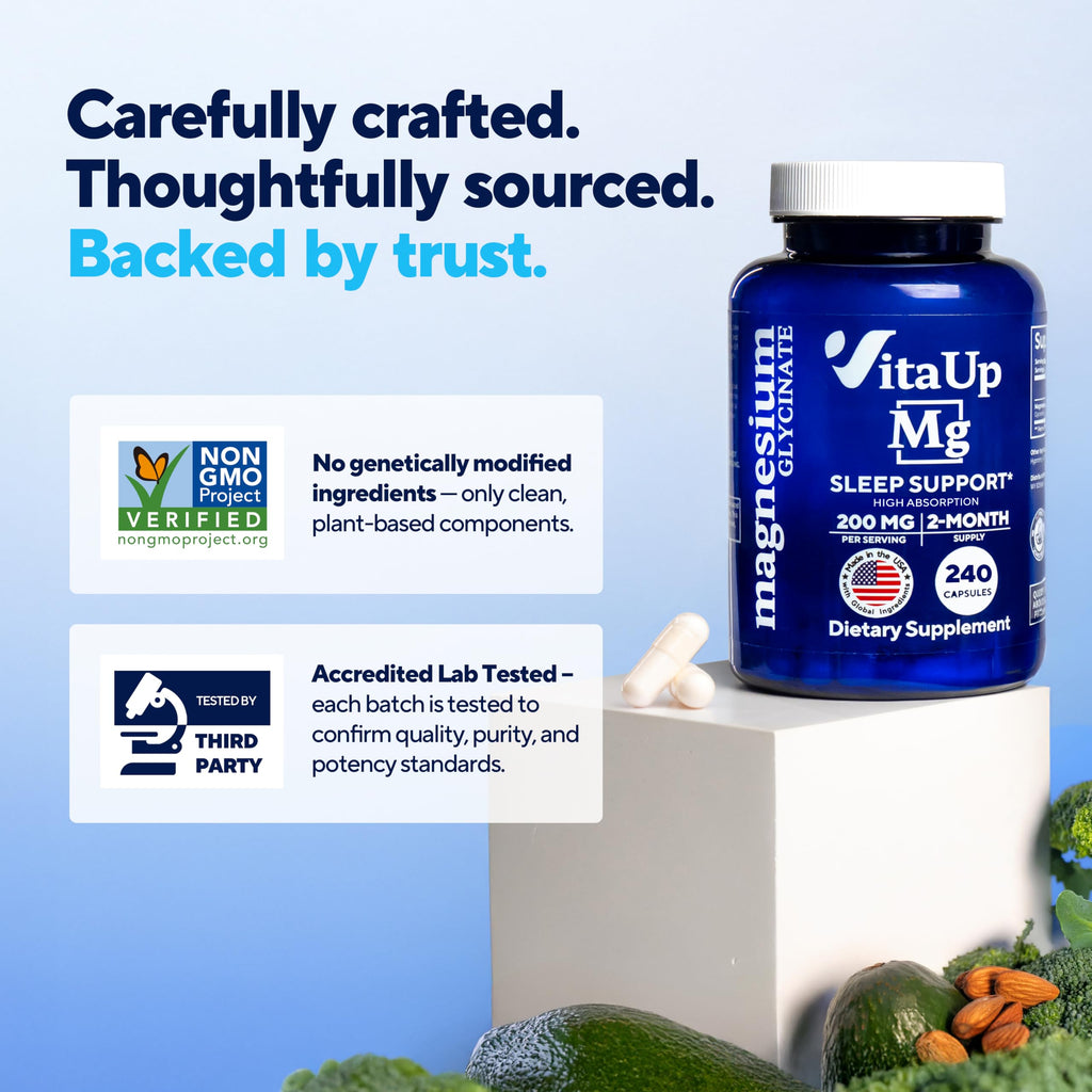 VitaUp Magnesium Glycinate 200mg - USA Made, Highly Absorbed, Non-GMO Magnesium for Relaxation, Deep Sleep, Bones & Heart - 200mg per Serving, 120 Vegan Capsules
