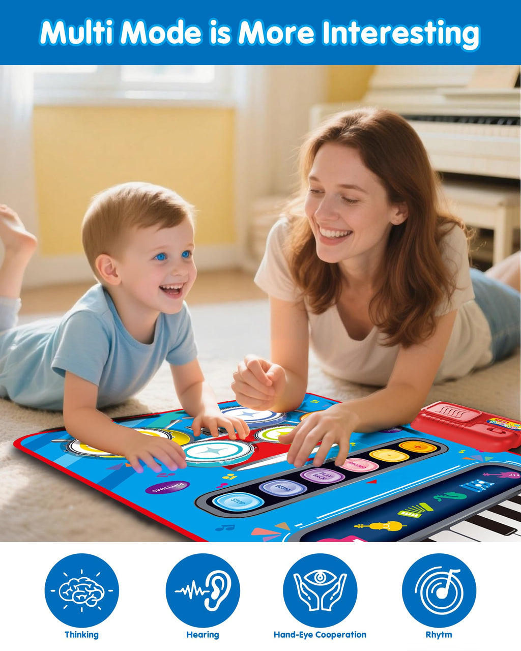 DQMOON Toys for 1 Year Old Boy Gifts, 2 in 1 Musical Mat with Piano & Drum, Adjustable Volume, Musical Toys for 1 Year Old, Christmas Birthday Easter Gifts for 1-2 Year Old Boys Girls (Blue)