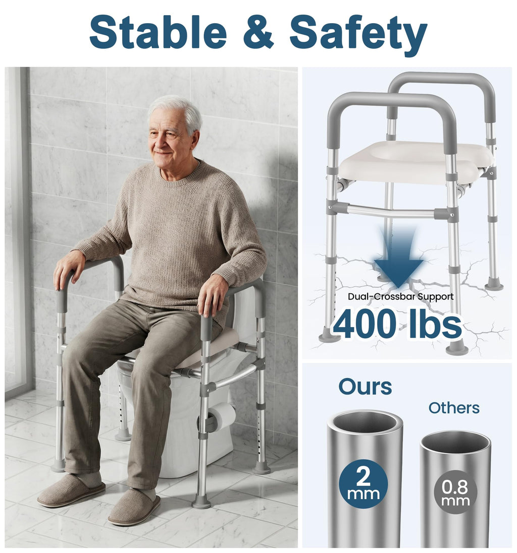 HOMLAND Raised Toilet Seat with Handles, 400 LBS Toilet Seat Risers for Seniors with Dual-Crossbar Support, Adjustable Height & Width Handicap Elevated Toilet Riser Fit Any Toilet, Gray