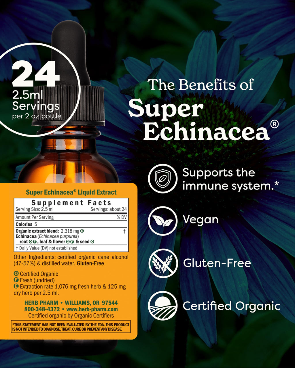 Herb Pharm Super Echinacea® Liquid Extract: USDA Organic Immune Support for Year-Round | Fast-Absorbing Echinacea Tincture, 4 Plant-Part Blend: Root, Leaf, Flower & Seed | Up to ~6 Week Supply, 2 oz*
