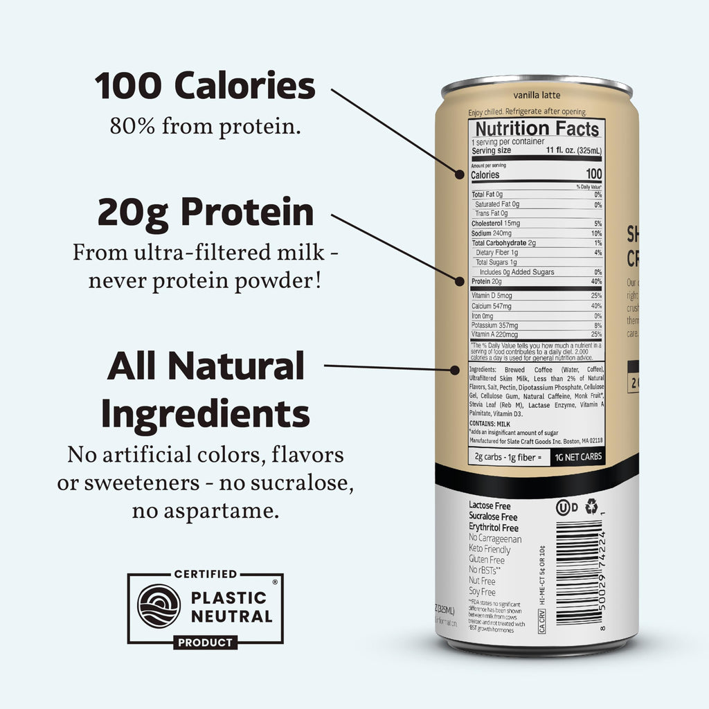 Slate Milk - High Protein Iced Coffee - Vanilla Latte - 175mg Caffeine, Lactose Free Energy - 20g Protein, 1g Sugar, 100 Calories, 1g Net Carbs, No Sugar Added - Protein Coffee - 11 fl oz, 12 Cans