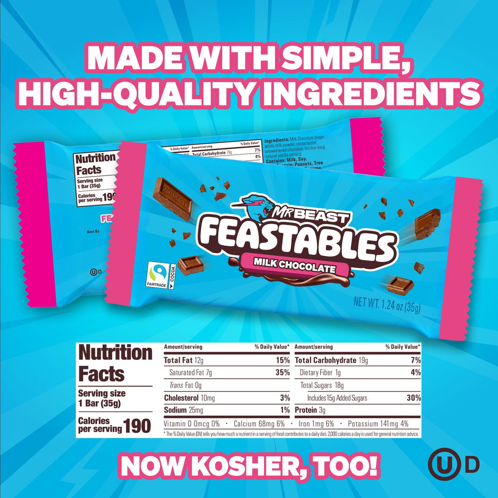 MrBeast Feastables Milk Chocolate Bar, Full Size, 24 Count, Fairtrade Cocoa