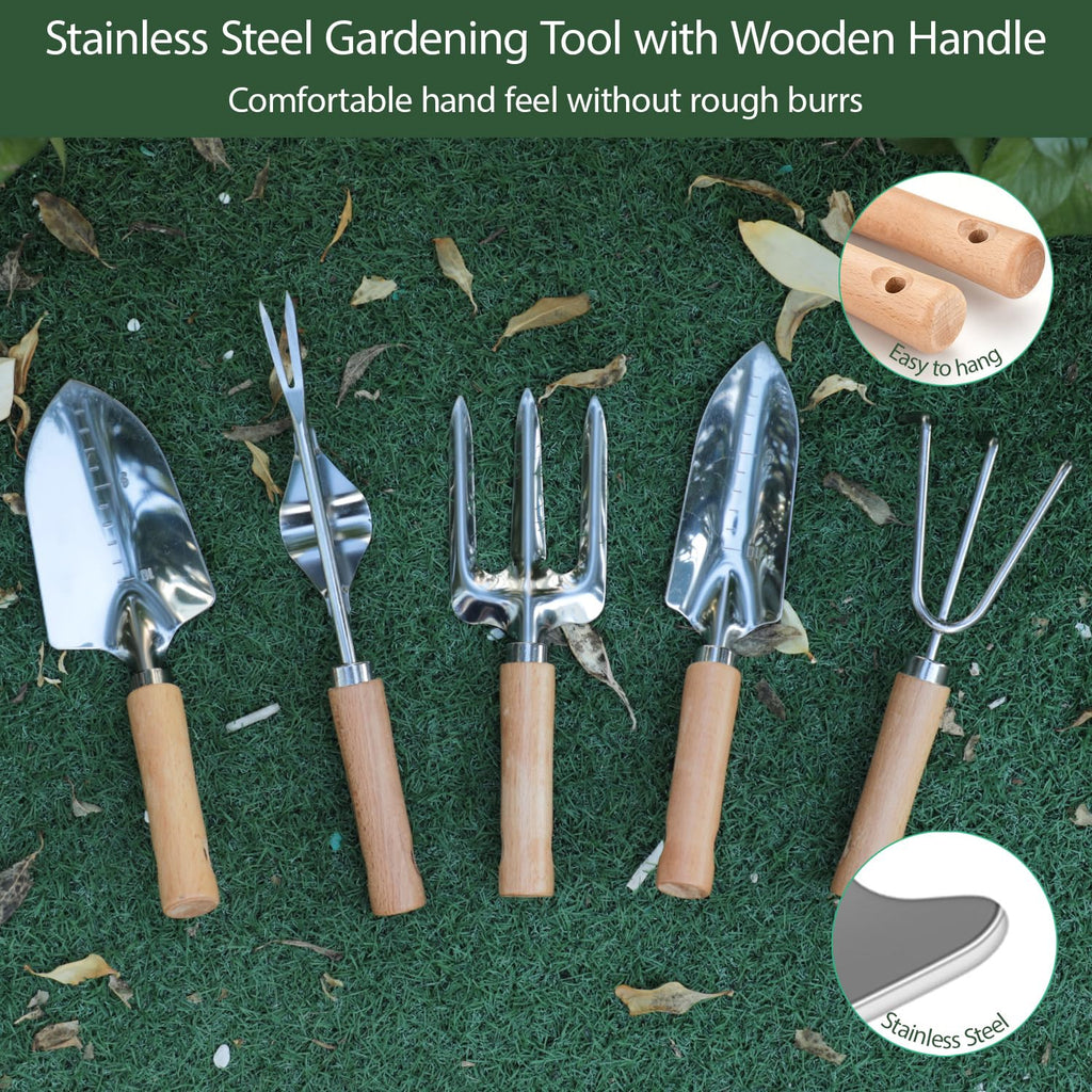 HoHaing Garden Tool Set, 10 Piece Kit with Heavy Duty Folding Stool, Detachable Storage Tote Bag, Stainless Steel Tools, Gifts for Women Men Green