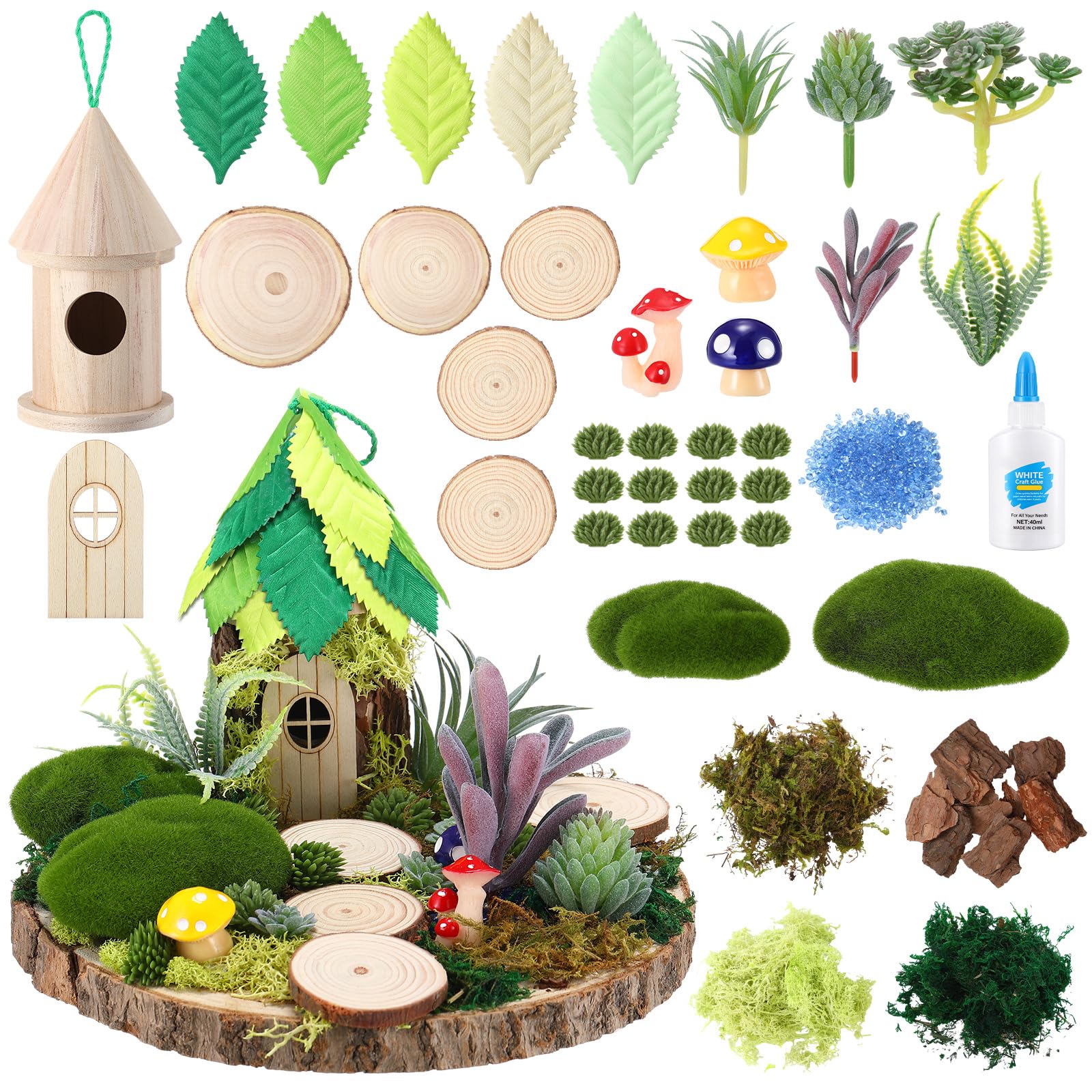 Amyhill DIY Fairy Garden Kit Make Your Own Wooden Mini House Craft Kit Miniature Fairy Garden Accessories Micro Mushrooms Plants Ornaments Craft for Outdoor Indoor Mini House Decor