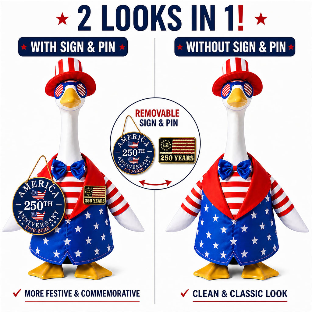 Porch Goose Outfit for 4th of July, America 250 Patriotic Goose Clothes for 23 Inch Lawn, Independence Day Porch Decor with Hat & Glasses, America 250th Anniversary Goose Outfit, 1776–2026 Sign & Pin