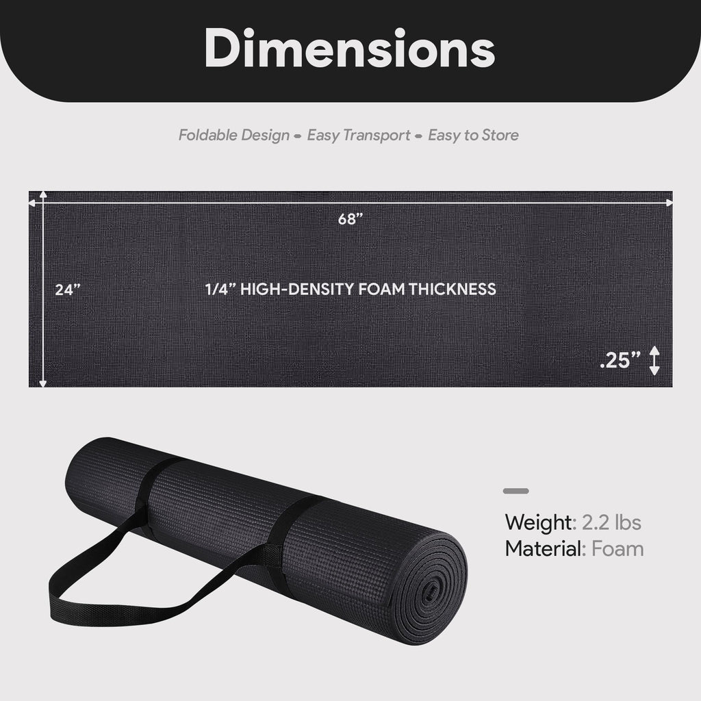 Fitvids 1/4-Inch High Density Thick Non Slip Yoga Mat with Knee Pad and Carrying Strap for Workout, Pilates, Gym Home Exercise, Black