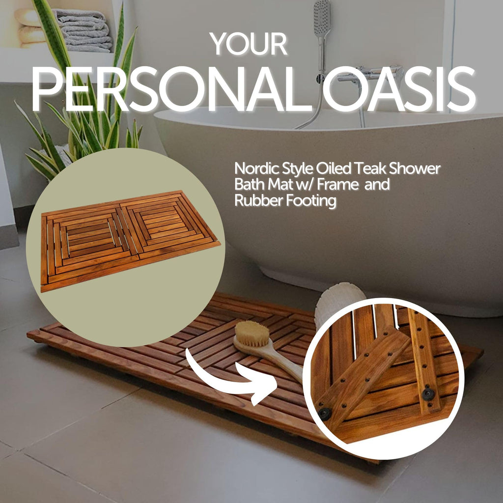Nordic Style Teak Shower, Bath and Spa Mat | Indoor + Outdoor Use | Non-Slip Wood Platform | Spa, Sauna, Pool, Hot Tub | Luxury Decor | Framed Oiled Finish (40" x 20")