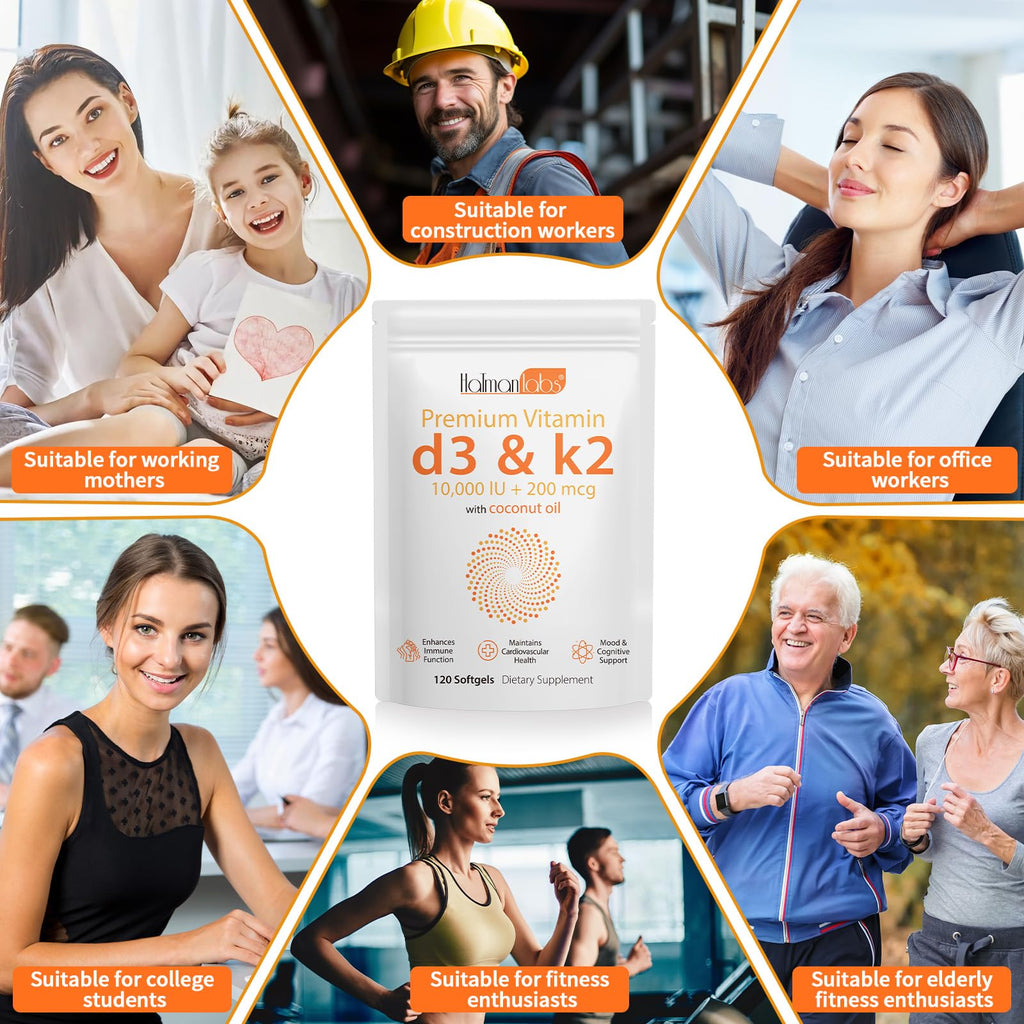 MXCZBSM 2 Bag Vitamin D3 K2 Supplement Softgel, Vitamin D3 K2 Softgel with 10000 IU Supports Immune, Heart, Teeth & Bone Health, Free of GMO, Gluten, Soy