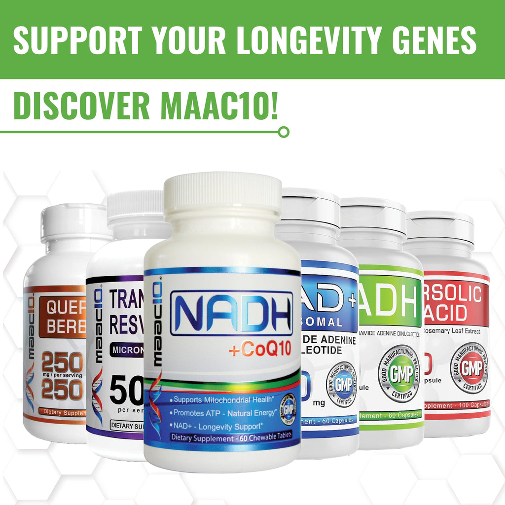 MAAC10 NADH Supplement 20mg Each 60 Capsules for Energy, Fatigue, Mental Focus & NAD+ Longevity Support | Pharmaceutical Grade 99% Pure NADH