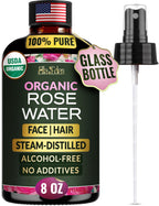 Ella & Eden 100% Pure Organic Rose Water Spray for Face, for Hair - 8oz, Alcohol-Free, No additives - USDA Organic, Steam-Distilled - Refreshing, Hydrating, Glass Bottle