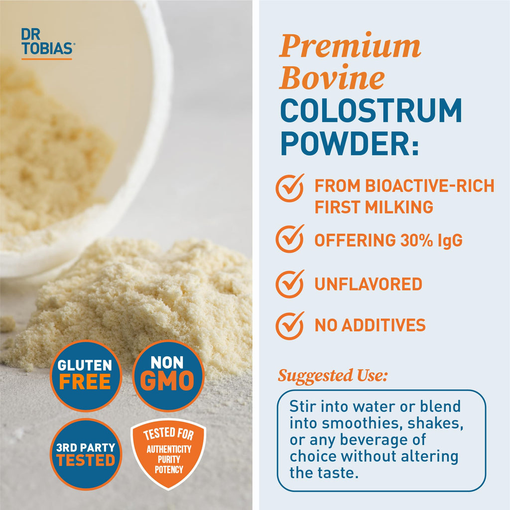 Dr. Tobias Colostrum Powder - Premium Bovine Colostrum Supplement for Immune Support, Gut Health & Muscle Recovery | 3g Per Serving Minimum 30% IgG Unflavored (8 oz 76 Servings)
