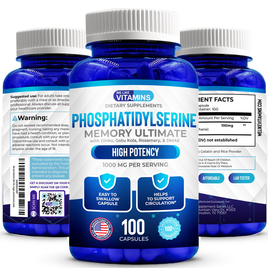 We Like Vitamins Phosphatidylserine Supplement with Gingko Biloba, Gotu Kola, DMAE - Improves Focus, Memory, Cognitive Function - Soy-Free 1000mg Memory Ultimate Complex - 100 Easy-to-Swallow Capsules