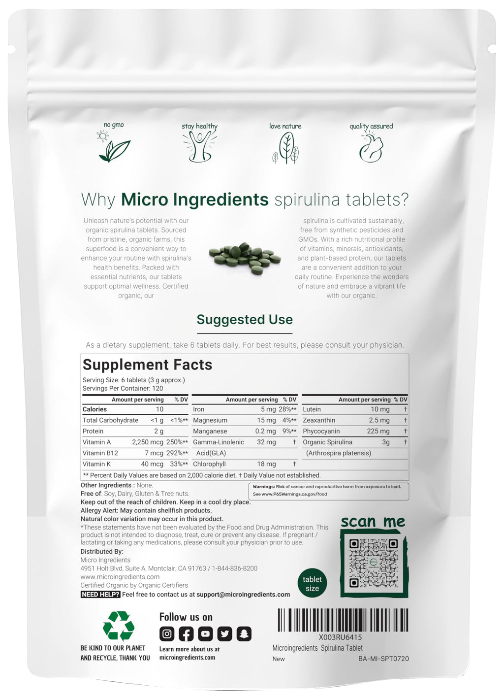 Micro Ingredients Organic Spirulina Supplement, 720 Tablets (4 Month Supply), No Filler & Non-GMO, Rich in Vegan Protein, Vitamins & Prebiotics, Premium Spirulina Pills