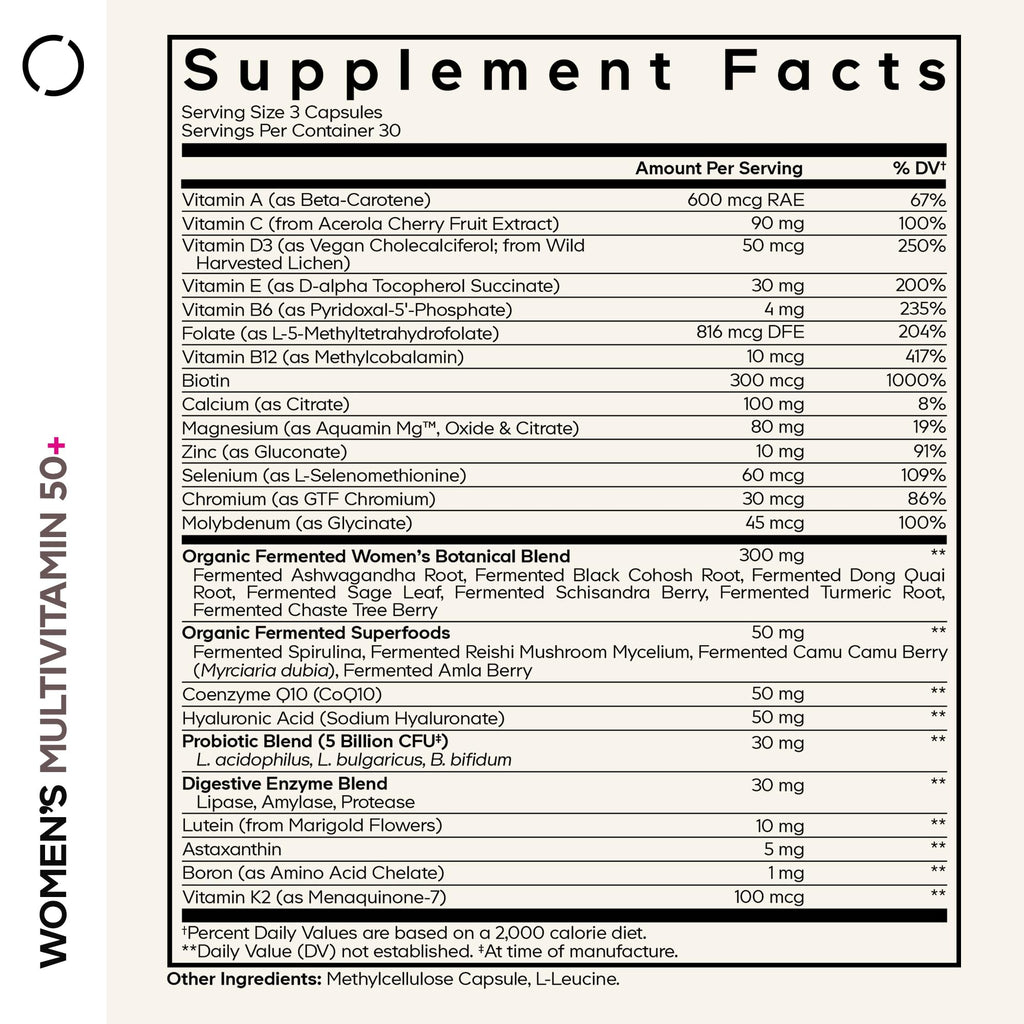 Codeage Women’s Multivitamin 50+ Supplement - Essential Vitamins for Women Over 50, Minerals, CoQ10, Hyaluronic Acid, Probiotics, Black Cohosh, Ashwagandha & Superfoods - Non-GMO - 90 Capsules