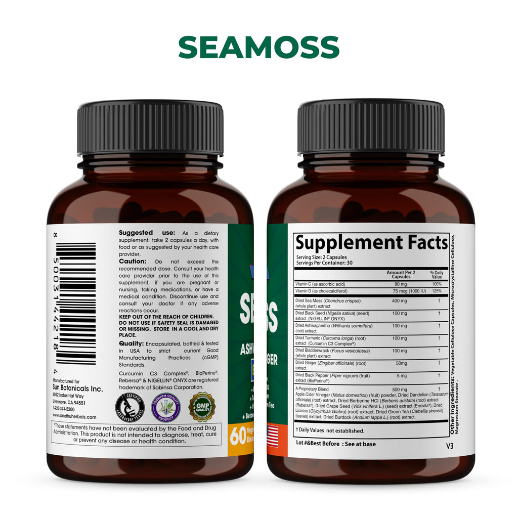 Shilajit Sea Moss Ashwagandha Combo Bundle - Black Seed Oil, Turmeric, Rhodiola Rosea, Panax, Ginseng Supplement | 120 Capsules, Better Than Gummies, Resin | Seamoss for Men & Women