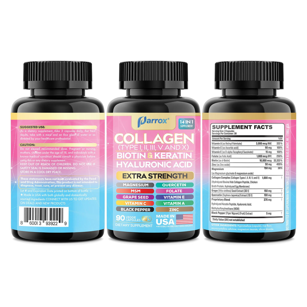 Parrox Collagen Peptides Types I, II, III, V & X, MCG Biotin, Keratin, Hyaluronic Acid, MSM, Zinc, Grape Seed Extract, Quercetin, Vitamin A, Vitamin C, Vitamin E, Magnesium, Folic Acid (90 Capsules)