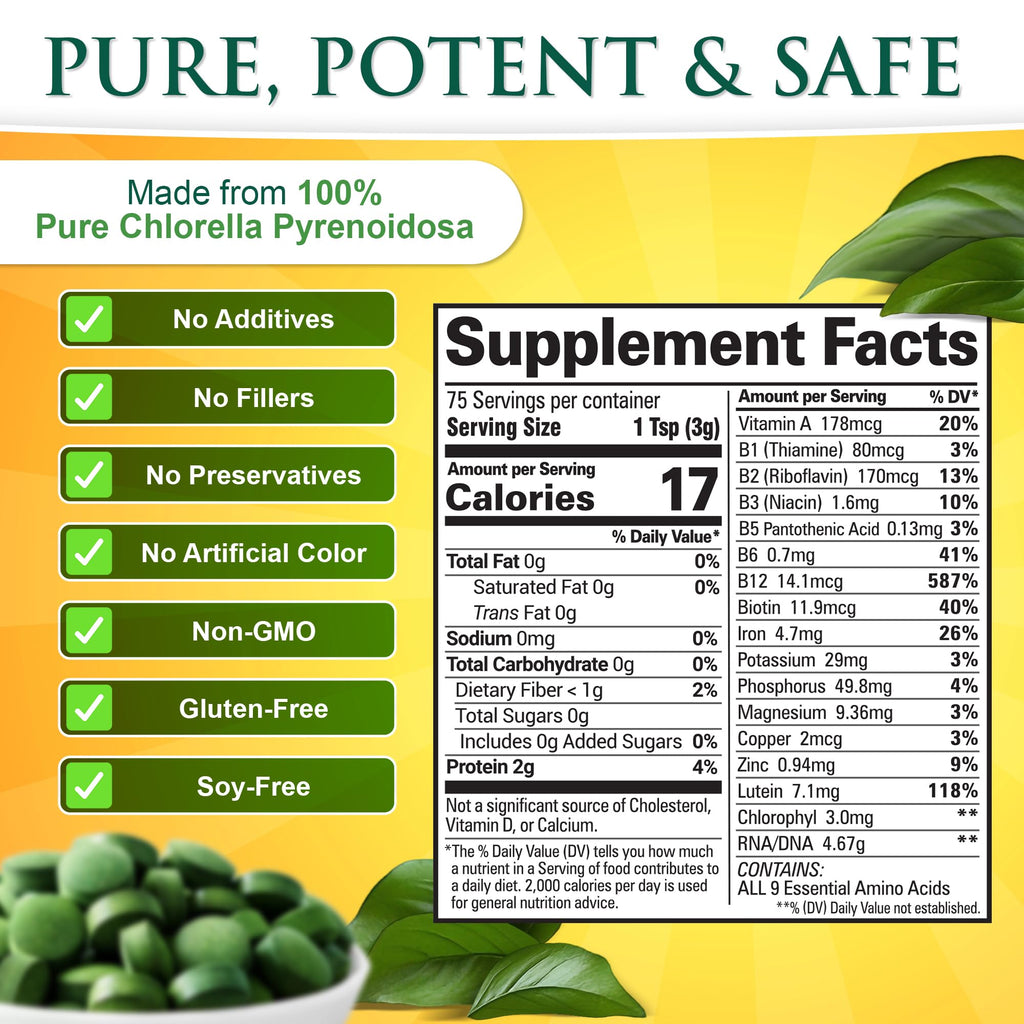 Sunlit Best USDA Organic Premium Chlorella Tablets 1000 Count | 100% Pure Chlorella Superfood Supplement High in Protein, Chlorophyll, Vitamins, & Minerals | Supports Good Health, Wellbeing