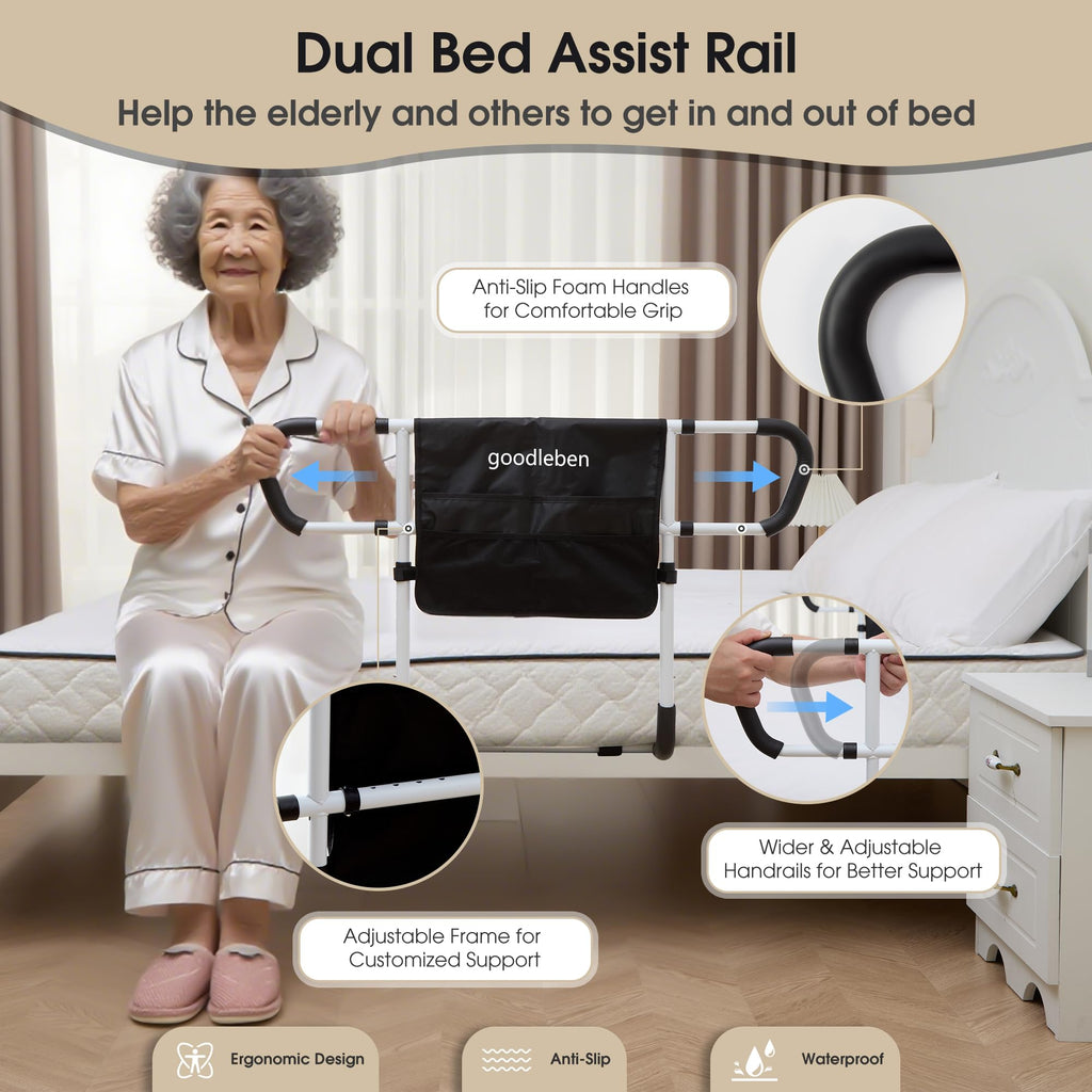 goodleben Double Bed Rail for Elderly Adults Safety, Adjustable Bed Assist Rail, Dual Side Bed Rail for Seniors Safety, Under Mattress Bed Guard Rail for Fall Prevention, Fits Twin/Full/Queen Beds