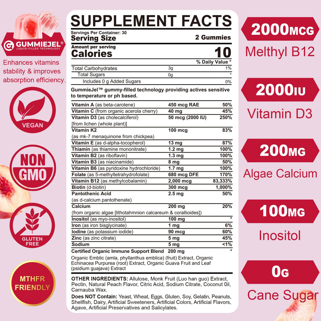 (2 Pack) Sugar Free Methylated Multivitamin for Women Gummies with Calcium, D3 K2, Inositol, Folate, Biotin, Iron, Vitamin A, C, E, B Complex - Multi Vitamins & Minerals - Energy, Immune, Bone - Vegan