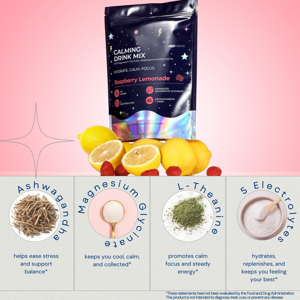 Calm Magnesium Glycinate Powdered Drink Mix with Electrolytes – Sugar Free with Ashwagandha, L-Theanine, Vitamin B 6&GABA – Cortisol Support, Stress Relief, Hydration & Focus - 20 servings (Raspberry)