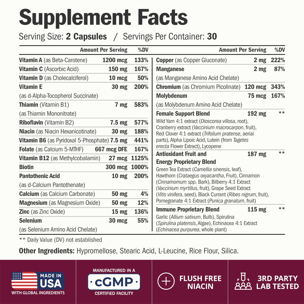 Vimerson Health Multivitamin for Women: Methylated B Vitamins, Chelated Minerals and Bioavailable D3 for Focus and Energy Support – Daily Womens Multivitamins and Multiminerals – 60 Capsules