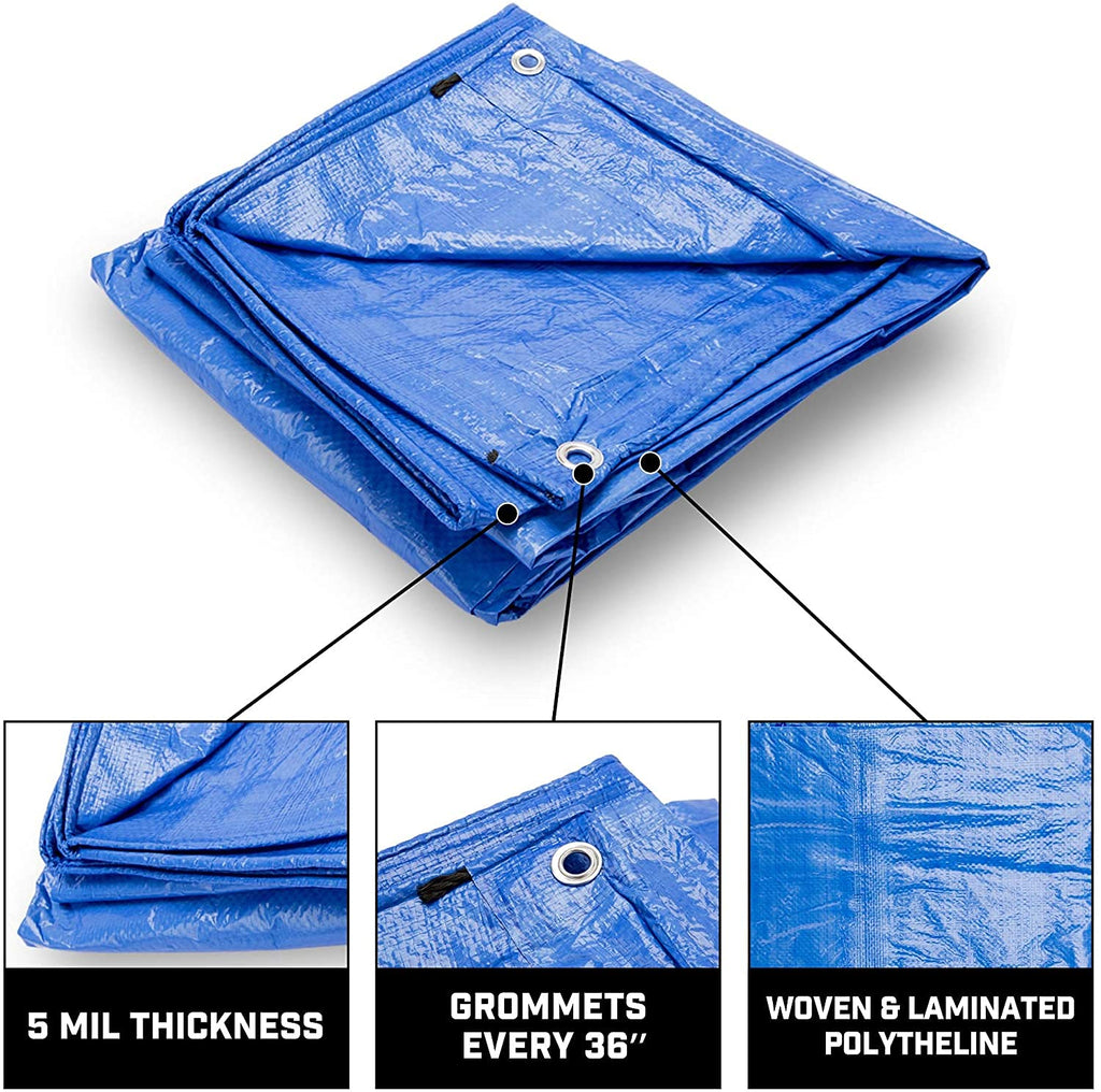 Grizzly Tarps by B-Air 20' x 30' Large Multi-Purpose Waterproof Heavy Duty Poly Tarp with Grommets Every 36", 8x8 Weave, 5 Mil Thick, for Home, Boats, Cars, Camping, Protective Cover, Blue