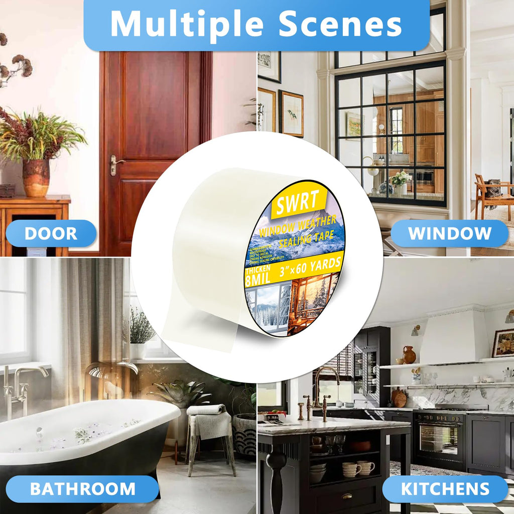 SWRT 3”x 60 YD 8 Mil Heavy Duty Transparent Window Weather Sealing Tape, No Residue Window Insulation for Winter, Preventing Cold Air Loss in Summer Door and Window Seal Kit