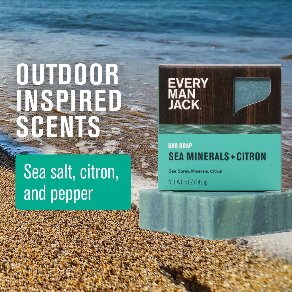 Every Man Jack Cold Processed Mens Bar Soap - Sea Minerals + Citron Scent - Deeply Cleans & Hydrates with Shea Butter and Coconut Oil - (3 Pack)