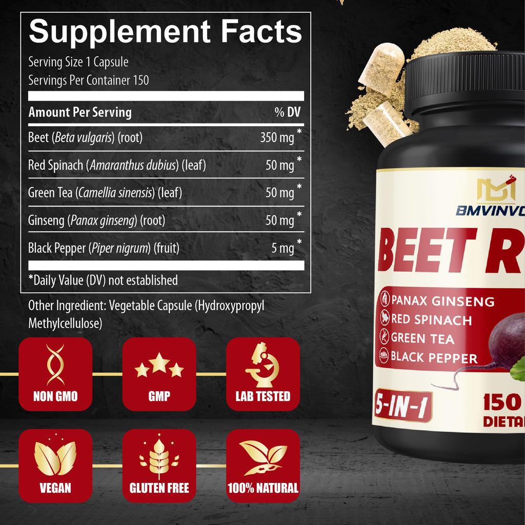 BMVINVOL Beet Root, Green Tea, Red Spinach, Ginseng, Black Pepper - 150 Capsules - 5 Month Supply