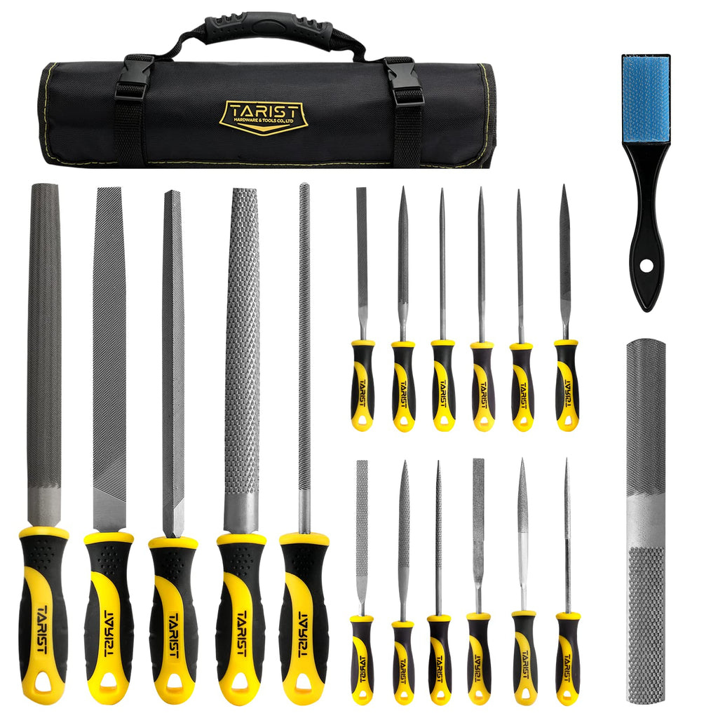 TARIST 19PCS Metal & Rasp File Set with Tool Bag, Includes Flat/Half-Round/Round/Triangle steel file, Half-Round wood file, 4 Way File and 12pcs Needle Files, Work for Metal, Wood and more