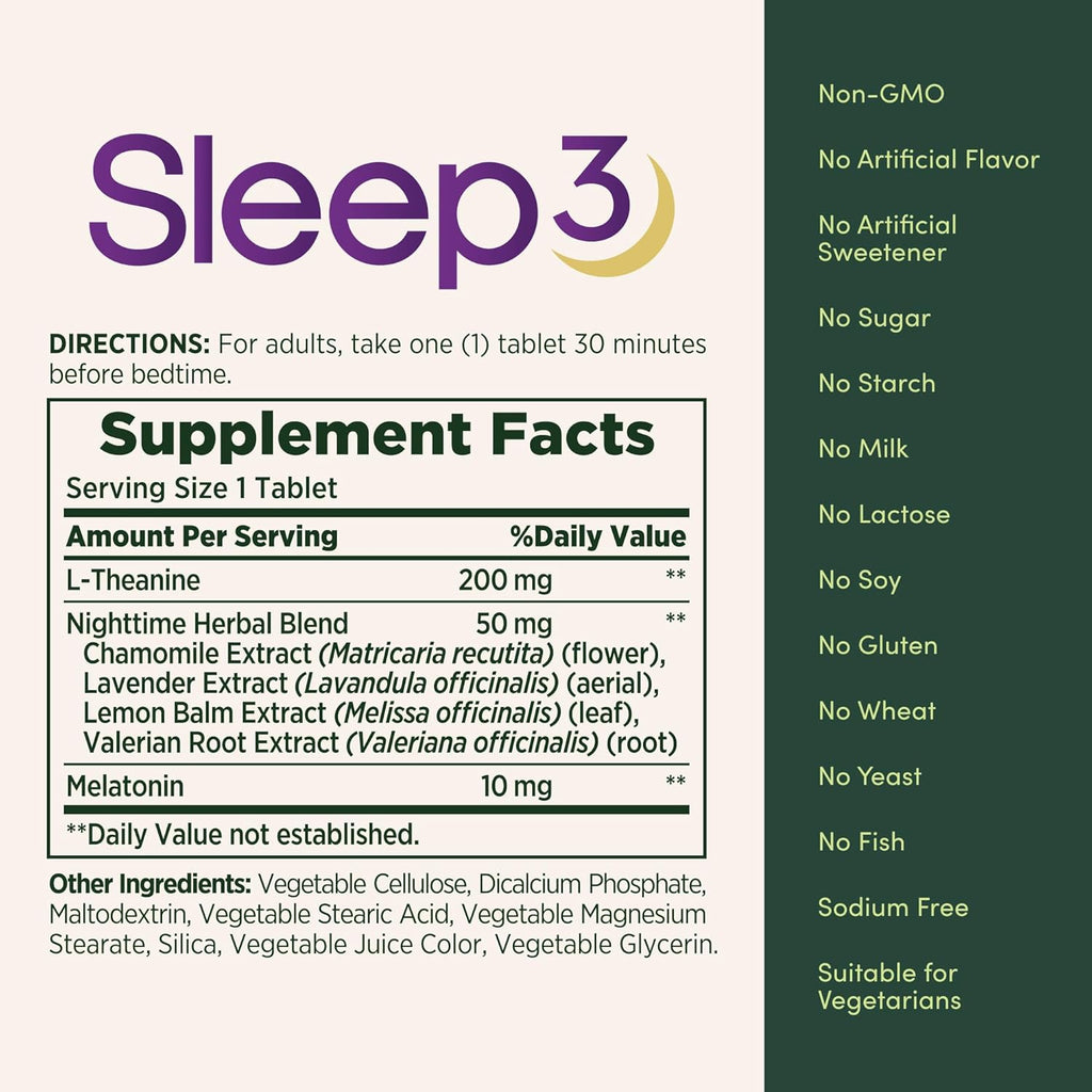 Nature's Bounty Melatonin, Sleep3 Maximum Strength 100% Drug Free Sleep Aid, L-Theanine & Nighttime Herbal Blend Time Release Technology, 10mg, 30 Tri-Layered Tablets (Pack of 2)