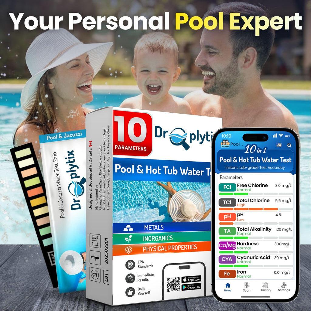 DROPLYTIX 10-in-1 Pool & Spa Water Test Kit with App, Hot Tub, Saltwater, Chlorine, Cyanuric Acid, Alkalinity, Hardness, pH, Nitrate, Sulfate, Digital Water Quality Testing Strips (DXPOOL-R10-S10)