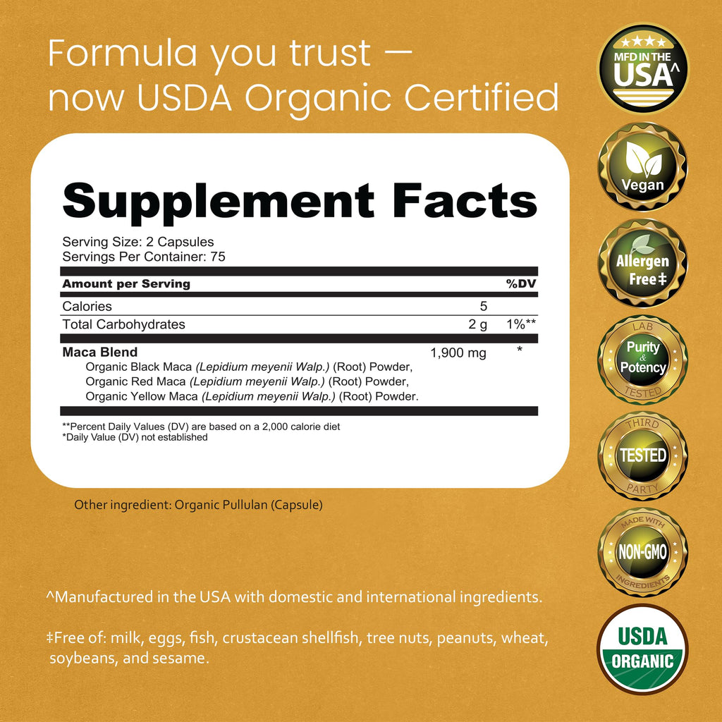 NaturaLife Labs Organic Maca Root – Black, Red & Yellow – 1900 mg per Serving – 150 Capsules – Gelatinized Peruvian Maca – Non-GMO, Gluten-Free, Vegan