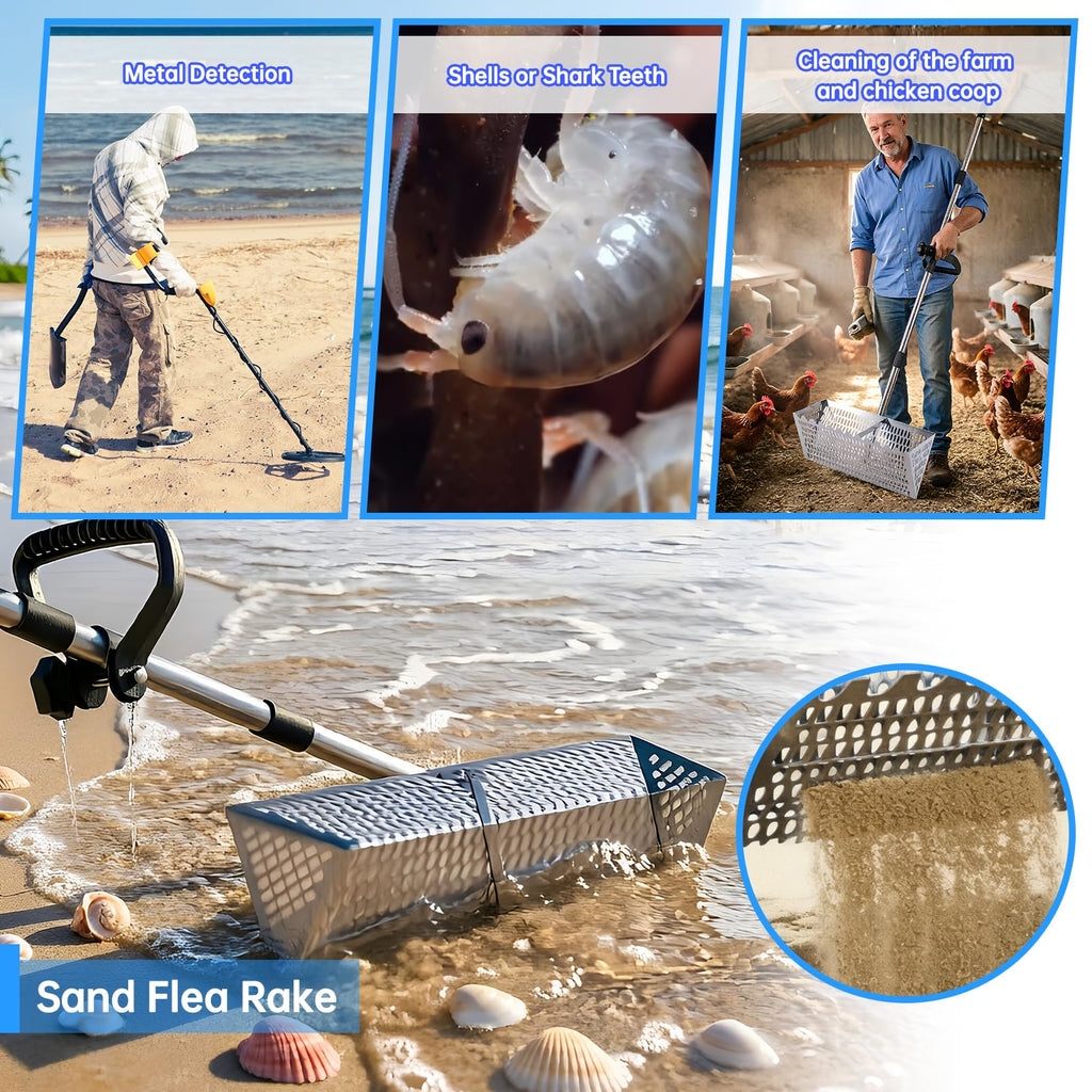 Sand Flea Rake，Detachable Long Handle Sand Sifter with Stainless Steel Sand Scoop Shark Tooth Sifter and Beach gloves with 16-Inch-Wide Drainage Mesh for Finding Fleas,Shells Shark Teeth,Yard Cleaning