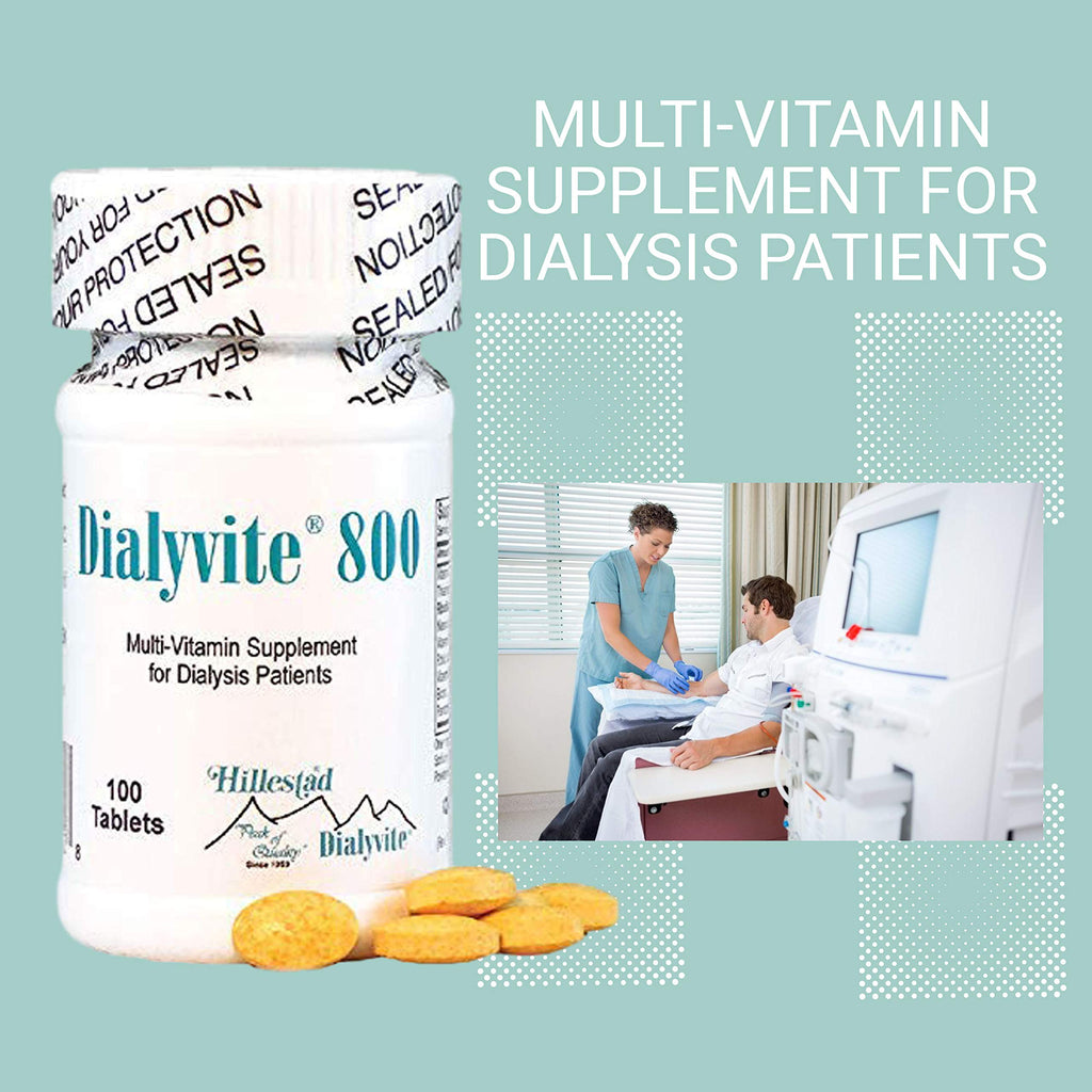 Hillestad Labs Dialyvite 800 Multi-Vitamin Supplement for Dialysis Patients, 100 Tablets, Yellow, Original