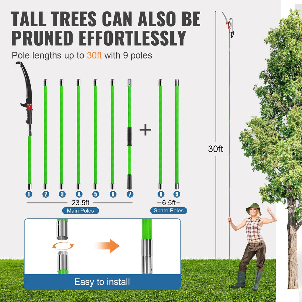 30 Ft Manual Pole Saw, Extendable Tree Pruner Blade and Scissors Set