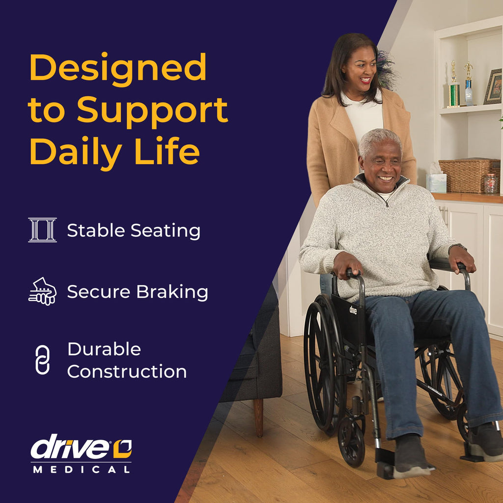 Drive Medical Silver Sport 1 Folding Transport Wheelchair - Lightweight Mobility Support - Full Armrests - Removable Swing-Away Footrests - Durable Steel Construction - Compact Folding Frame - Black