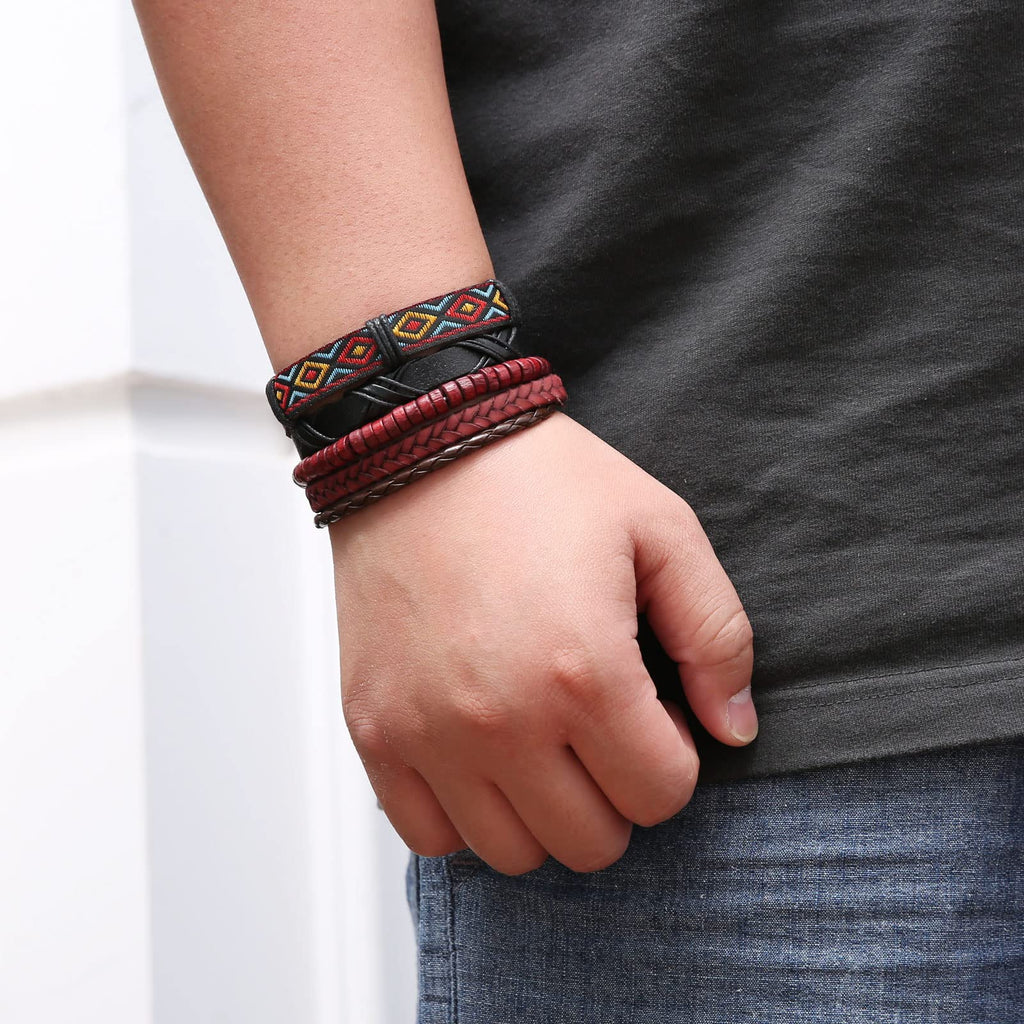 HZMAN Handmade Hemp Cords Wood Beads Leather Bracelets for Men Women
