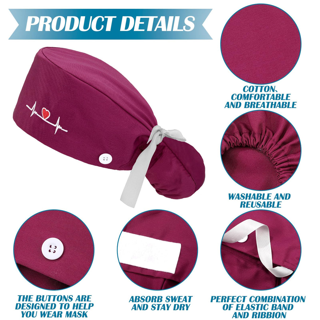 Honoson 6 Pcs Scrub Caps for Women with Buttons, Adjustable Bouffant Surgical Caps with Ponytail Holder, Cotton Nurse Hats(Classic Color,Classic)