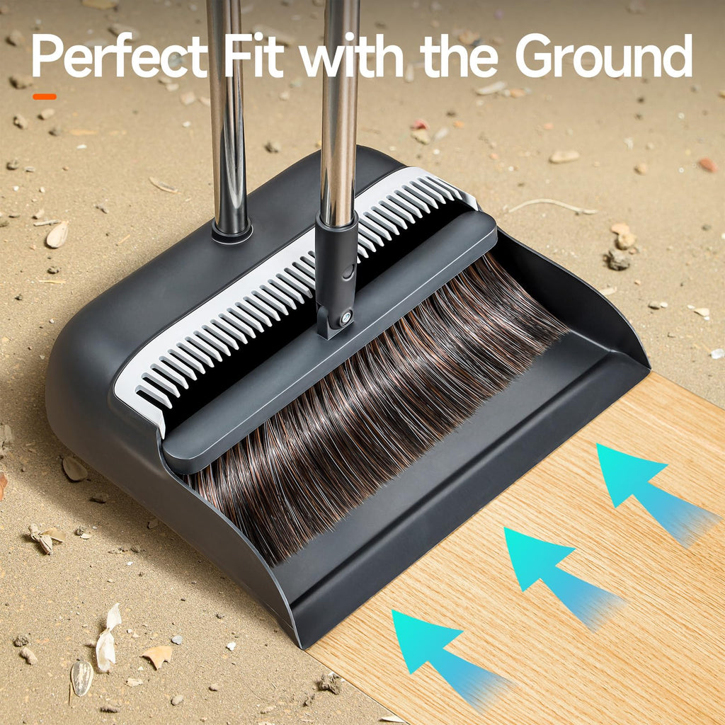 CTIME Broom and Dustpan Set, Extra Brush Head & 52" Adjustable Long Handle Standing Dustpan Set, with Dust Pan Teeth to Clean Pet Hair, Easy Sweeping Suitable for Home Kitchen Office Lobby
