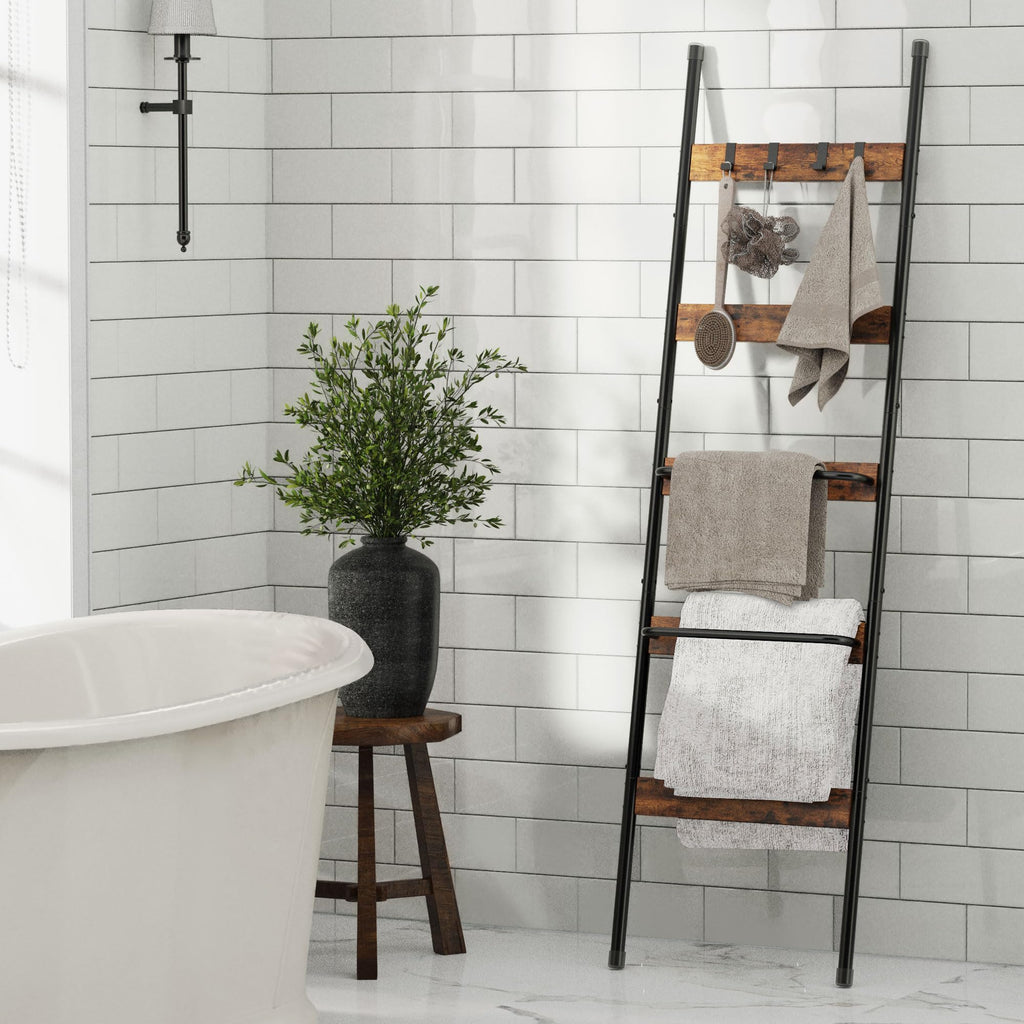 Blanket Ladder, 5-Tier Towel Holder with 2 U-shaped storage rack, Farmhouse Wall Leaning Decorative Rack Shelf, Towel Display Rack, Removable Hooks, Quilt Ladder for Living Room, Bedroom, Rustic Brown