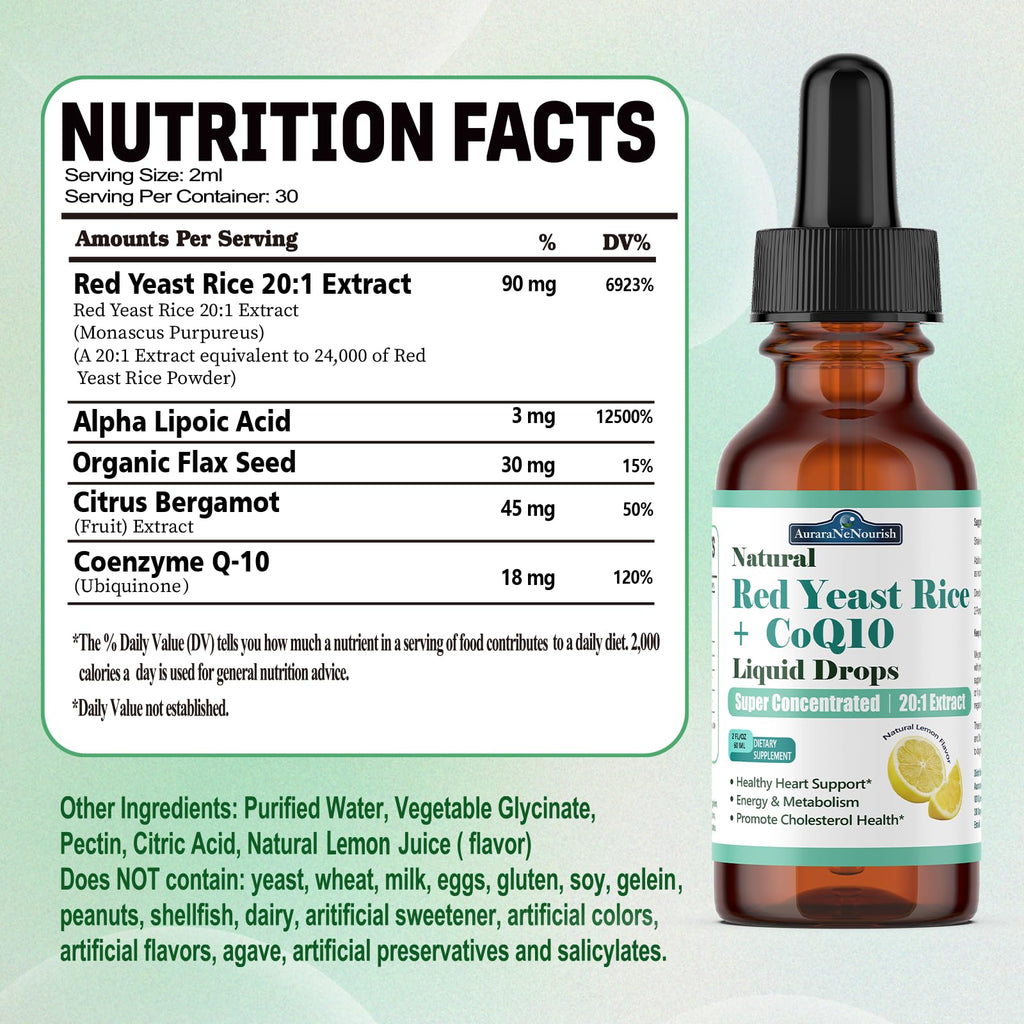 2 Packs Liposomal Red Yeast Rice with Coq10 Liquid Drops, 5-in-1 Extra Strength 1200mg Healthy Cholesterol & Heart Support with Citrus Bergamot Alpha Lipoic Acid, Citrinin-Free, 2 Month Supply