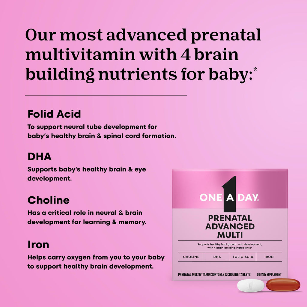 One A Day Prenatal Advanced- Prenatal Vitamins with Folic Acid, Choline, DHA & Iron, Pregnancy Vitamins for Women to Support Baby’s Development, 30+30 Ct (60 Total Set) (Packaging May Vary)