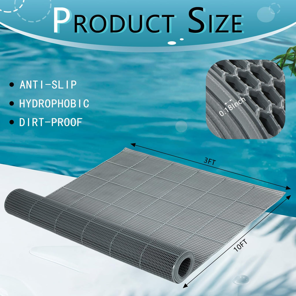 Tondiamo Pool Mat Non Slip Drainage Mats Swimming Pool Floor Deck Mats Rugs PVC Splash Mesh Hollow Doormat Roll for Outdoor Indoor Patio Restaurant Garage Kitchen Bathroom Safety(3 x 10 ft,Grey)