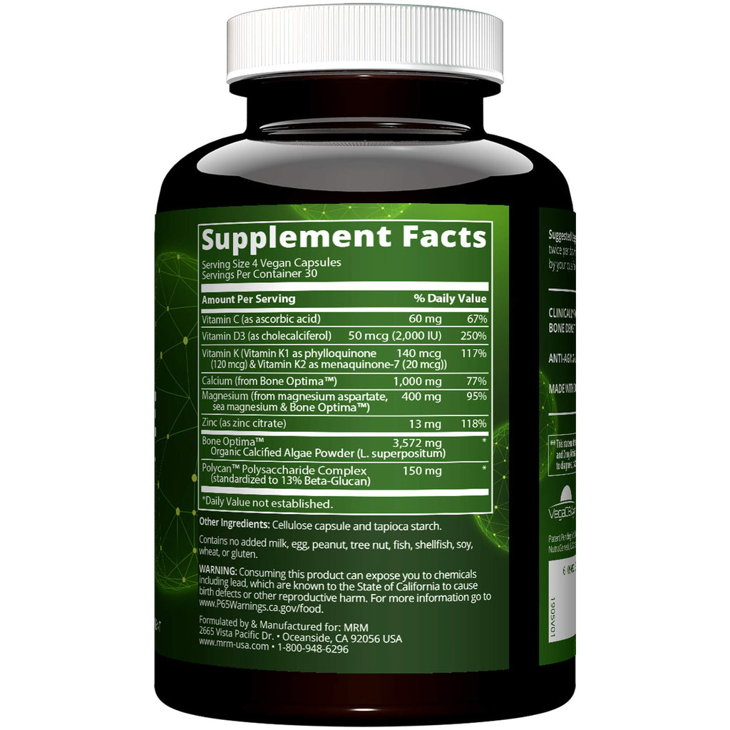 MRM Nutrition Vegan Bone Maximizer- For Women & Men - Calcium & Mineral Complex with Organic Calcified Algae, Vitamin D3, Vitamin K1 & K2, Magnesium, & Zinc for Healthy Bones, Supplement - 30 Servings