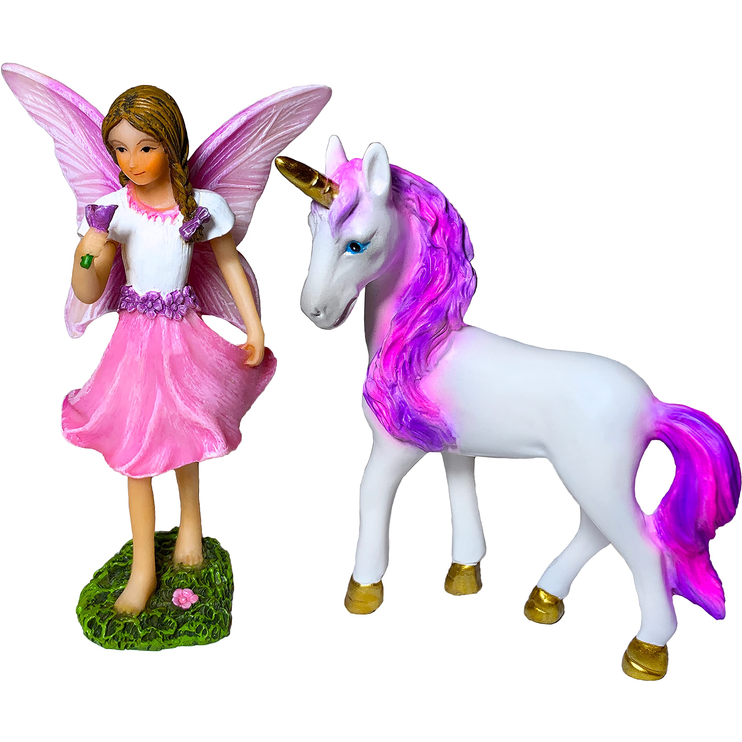 Mood Lab Fairy Garden Figurines - Fairy with Unicorn Set (2 pcs) - Miniature Decorative Statues & Accessories - Outdoor & Indoor Decor